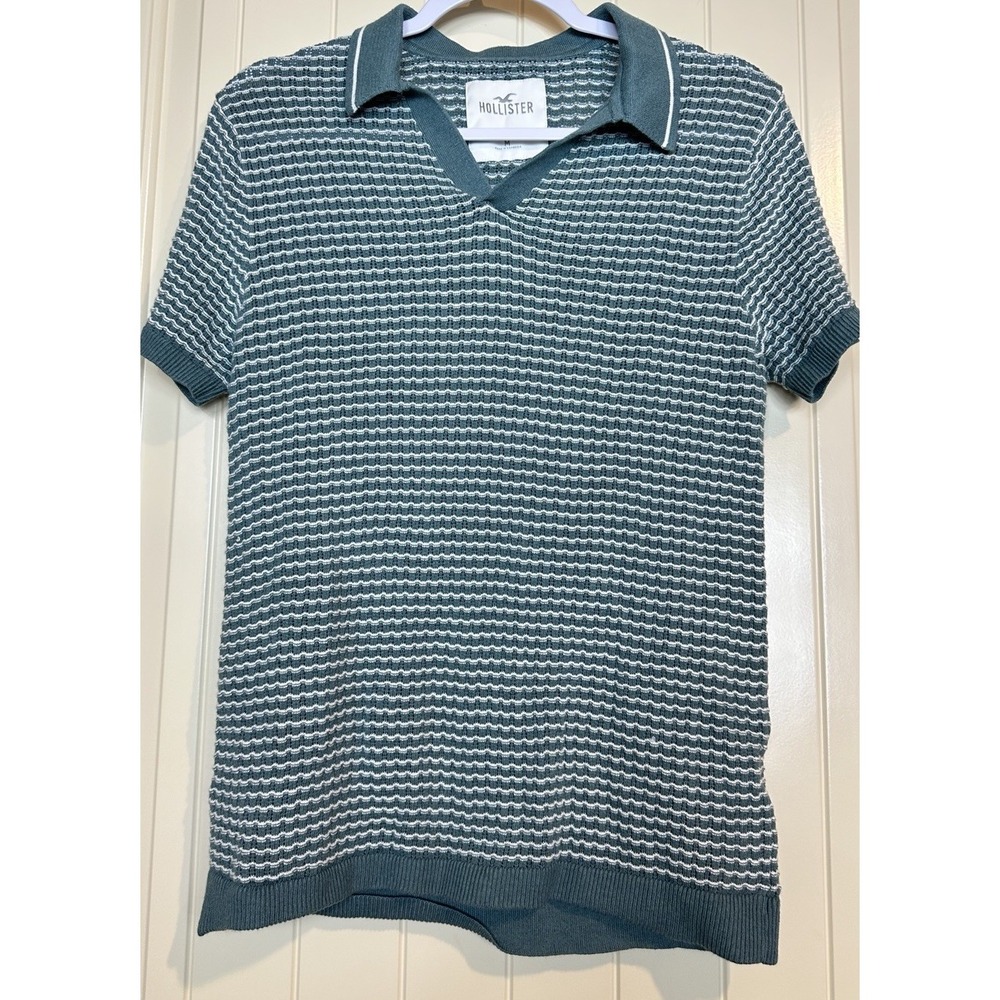 Hollister Mens M Polo open stitch knit green striped short sleeve sweater shirt